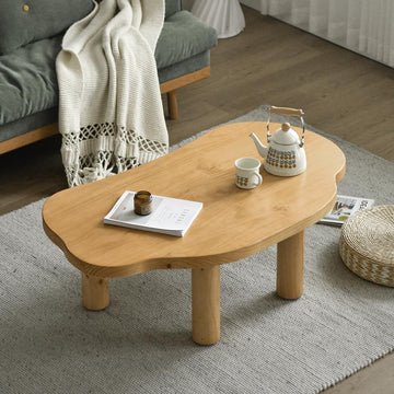 Farmhouse Pine Wood Coffee Table Cloud Shaped in Natural with 4 Legs